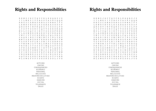 Rights and Responsibilities Wordsearch - Lesson Starter