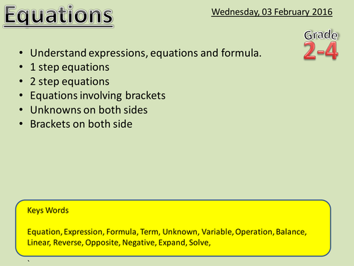Equations - Maths Powerpoint (With new Grading system 1-9)