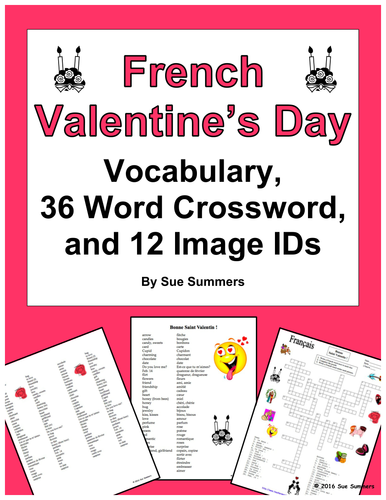 French Valentine's Day Vocabulary, 36 Word Crossword, and Picture IDs 