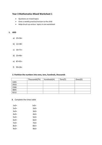 Year 3  Mathematics : Mixed Topics Worksheet