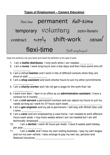 Types of Employment Careers Education Worksheet