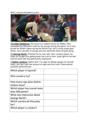 Reading comprehension - Year 3/4 - Wales rugby theme - differentiated