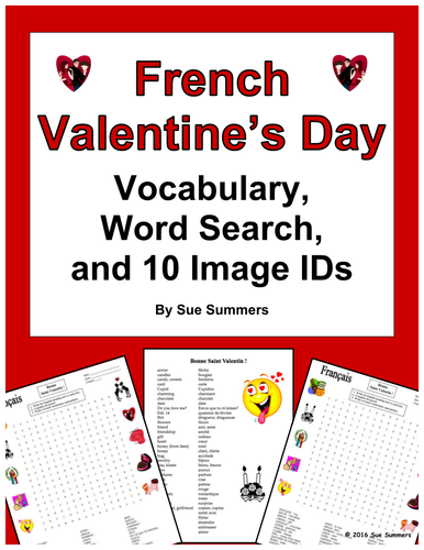French Valentine's Day Word Search Puzzle, Vocabulary, and Image IDs