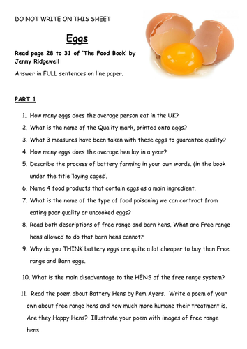 Food and Nutrition independent work or Cover lesson - Eggs and Protein