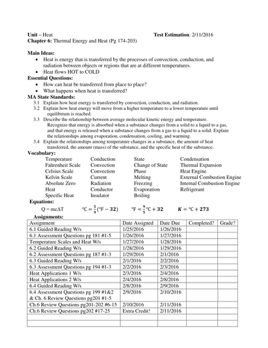 Physics Chapter 6 Heat Unit Study Guide
