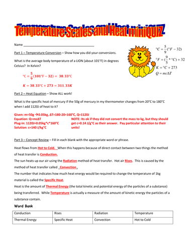 Temperature Conversions, Heat Equation, and Thermal Energy Quiz