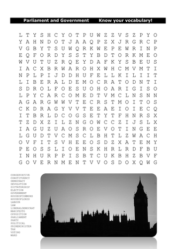 Parliament and Government VOCABULARY Word Search Lesson Starter
