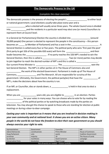 The DEMOCRATIC PROCESS Cloze Exercise STARTER Parliament and Government
