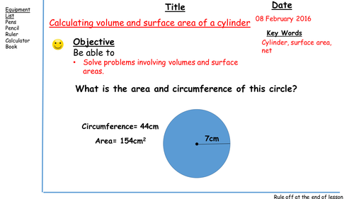 Volume and Surface Area of Cylinders 'Discovery' lesson 