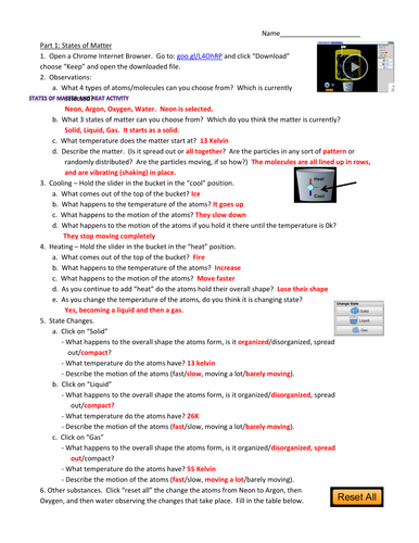 States of Matter, Phase Change, and Heat Simulation Activity by