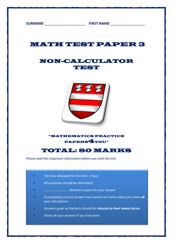  Examination Practice Paper Number 3: Year 6, 7 or 8  