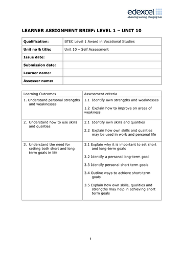 BTEC Vocational Studies Level 1 Unit 10 Self Assessment Workbook