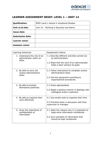 BTEC L1 Vocational Studies Unit 14 Working in Business and Administration Workbook