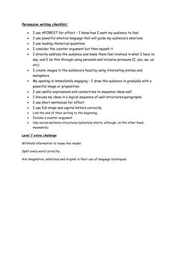 Year 7 persuasive writing unit - persuasive writing checklist