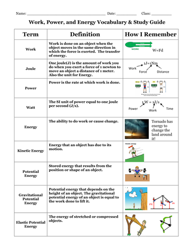 Work, Power, and Energy Vocabulary and Study Guide