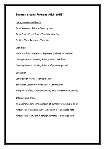 Fixed and Variable Costs - with formulae sheet for simple revision 