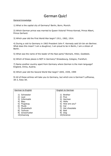 German Germany General Knowledge Quiz Questions Teaching Resources