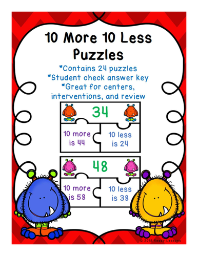 10 More 10 Less Game Puzzles for a Ten More Ten Less Center Activity - 1.NBT.5