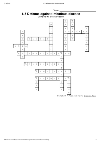 IB Biology 2016 Topic 6 Human Physiology Crossword Puzzles