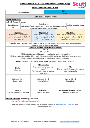 UNIT 3 Energy - GCSE Combined Science PHYSICS - Trilogy V1 - SoW & Resources