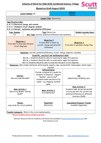 UNIT 5 ELECTRICITY - GCSE Combined Science PHYSICS - Trilogy V1 - SoW & Resources