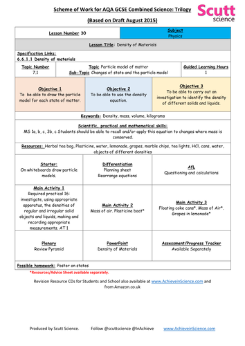 UNIT 7 PARTICLES - GCSE Combined Science PHYSICS - Trilogy V1 - SoW & Resources