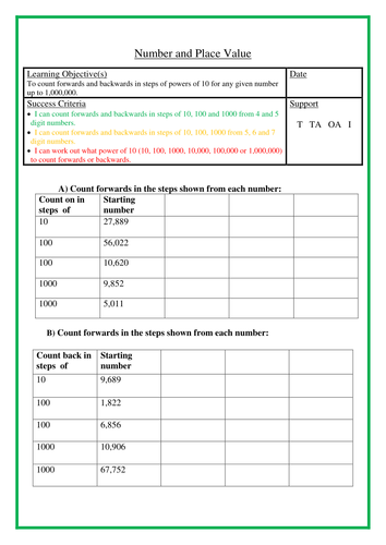 Yr 5 To count forwards and backwards in steps of powers of 10 for any given number up to 1,000,000.