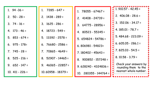 Yr 5 subtraction worksheets 4 challenges with answers 