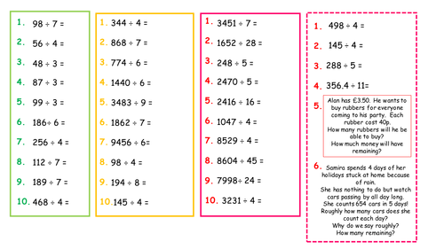 Yr 5 division worksheet with answers 4 levels of challenges