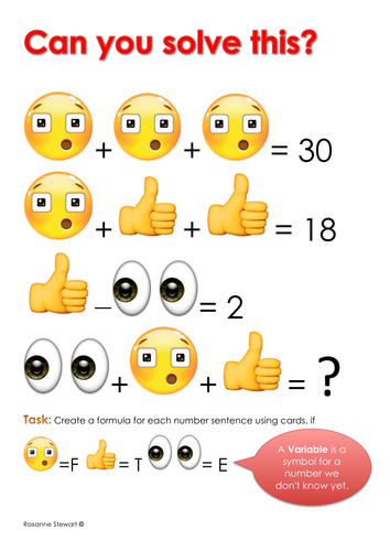 Emoji picture story formulae task and card activity - worksheets - extension - set of cards SATs