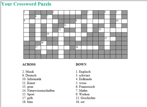 German School Subjects and Colours Crossword