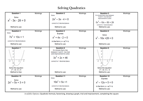 Solving Quadratics All Methods Worksheet Answers