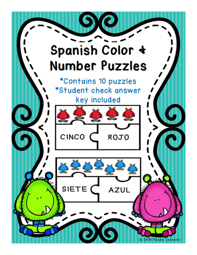 Spanish Numbers 1-10 and Spanish Colors Vocabulary Game Puzzles Activity