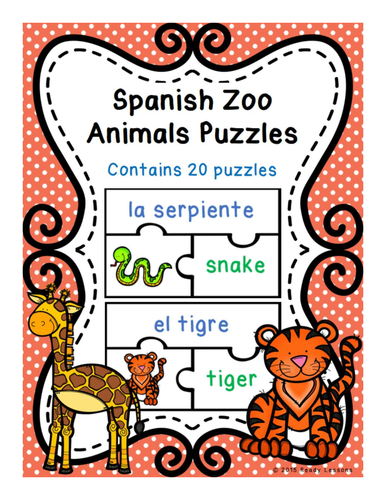 Spanish Zoo Animals Vocabulary Game Puzzles for Spanish Center ESL / ELL / EFL
