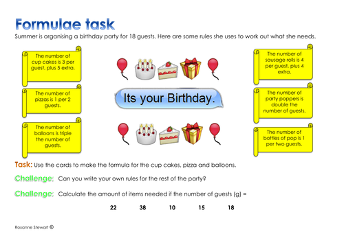 Birthday party formula activity includes worksheet +  extension tasks +  a set of formula cards 