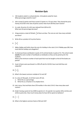 Revision Quiz - Fractions, Percentages, LCM/HCF and Ratio