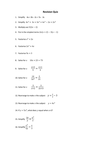Algebra Revision Quiz