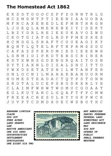 The Homestead Act 1862 Word Search 