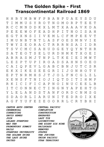 The Golden Spike - First Transcontinental Railroad 1869 Word Search 