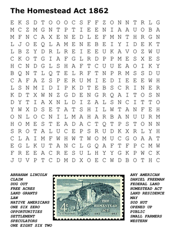 The Homestead Act 1862 Word Search