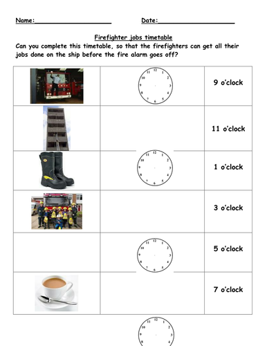 O'clock and half past times (analogue) - Firefighter theme - differentiated