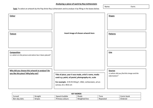 quiz blank sheet template a worksheet by piece Roy by Lichtenstein Analysing