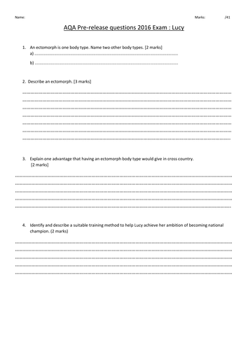 AQA spec. GCSE PE questions and mark scheme about 2016 pre-release: "Lucy."  Ready to use.