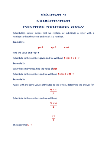 SECTION 4: ALGEBRA WORKSHEETS - SUBSTITUTION