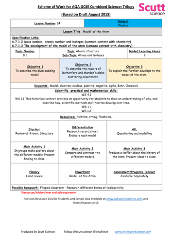 UNIT 8 ATOM AND RADIOACTIVITY - GCSE Combined Science PHYSICS - Trilogy V1 - SoW & Resources