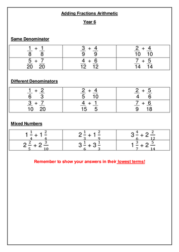 year 6 adding fractions arithmetic teaching resources