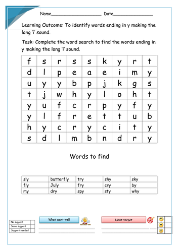 Word Searches on the /aɪ/ sound spelt – y at the end of words (long 'i' sound)