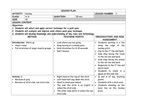 Detailed HOCKEY Unit of Work Yr 8 Lesson Plans x 12 by