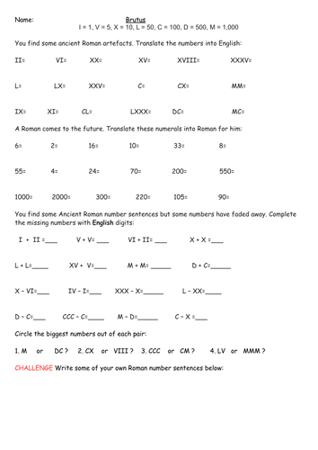 Roman Numerals: Presentation, 3 Differentiated Worksheets and Word Problems Extension