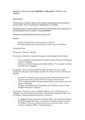 Essay plan for Seamus Heaney's 'Follower' and 'Digging' 